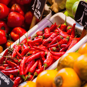 Red chilies at a stall in La Boqueria