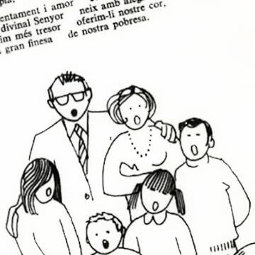 Black & white drawing of a family singing Catalan Christmas jingles