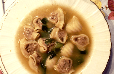 Stuffed galets pasta, served as part of the Escudella de Nadal dish