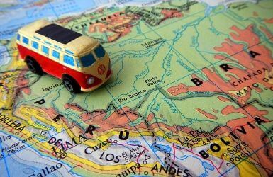 Map of South America with toy Volkswagen van
