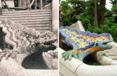 The Gaudi Dragon in Park Guell, now and then