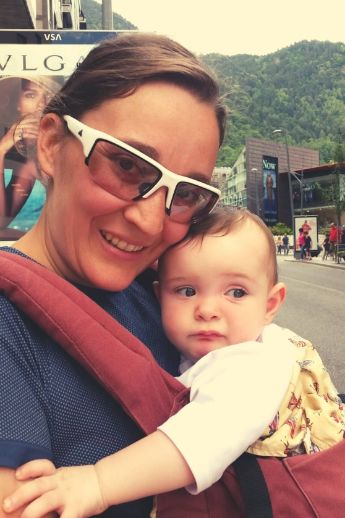 Marta's sister-in-law with Marta's baby during a day trip from Barcelona to Andorra